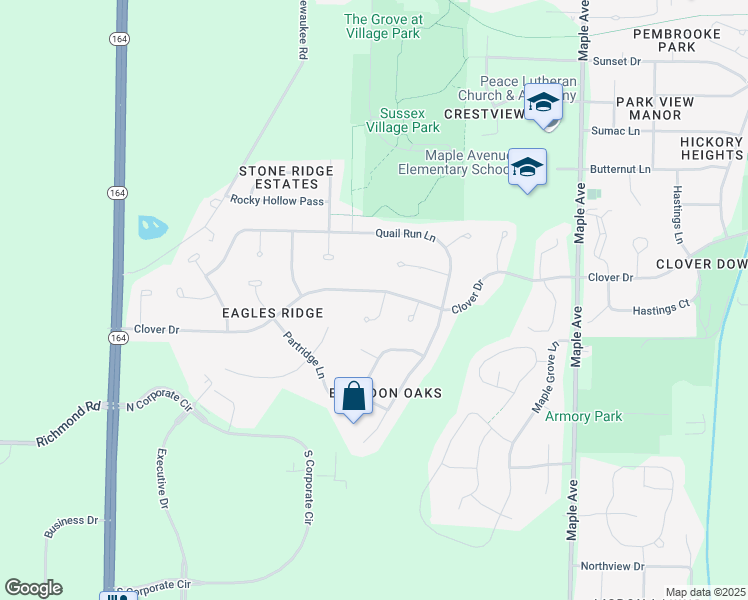 map of restaurants, bars, coffee shops, grocery stores, and more near W244N5812 Dove Court in Sussex