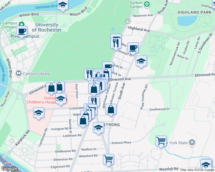 map of restaurants, bars, coffee shops, grocery stores, and more near 1360-1370 Mount Hope Avenue in Rochester