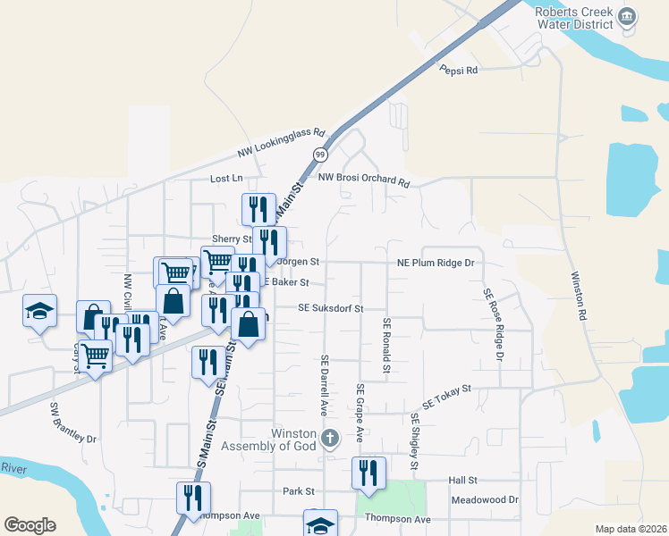 map of restaurants, bars, coffee shops, grocery stores, and more near 101 Northeast Darrell Avenue in Winston