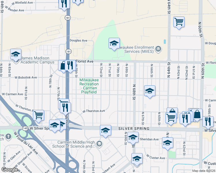 map of restaurants, bars, coffee shops, grocery stores, and more near 7124 West Carmen Avenue in Milwaukee