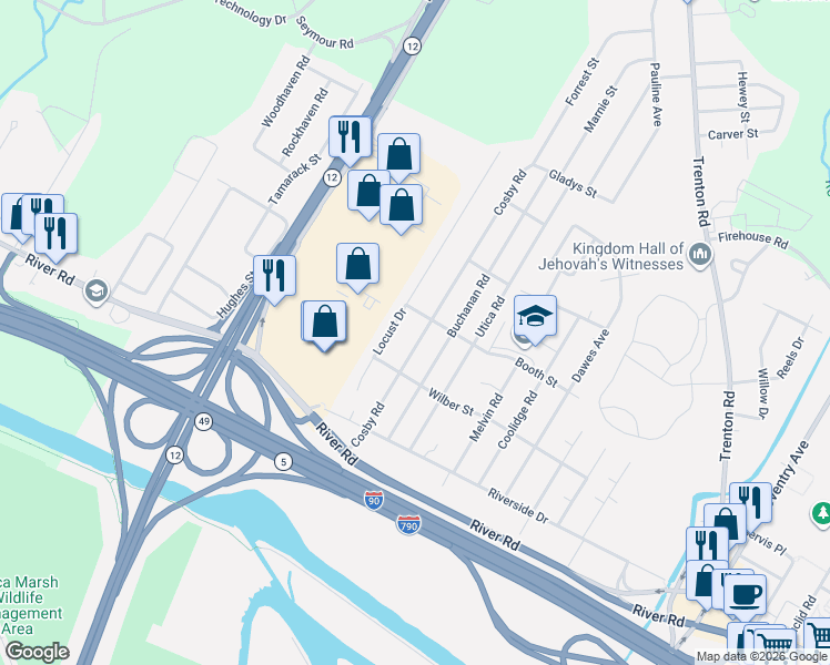 map of restaurants, bars, coffee shops, grocery stores, and more near 508 Cosby Road in Utica