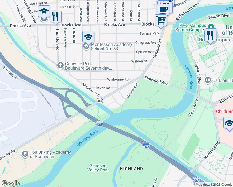 map of restaurants, bars, coffee shops, grocery stores, and more near 46 Vixette Street in Rochester