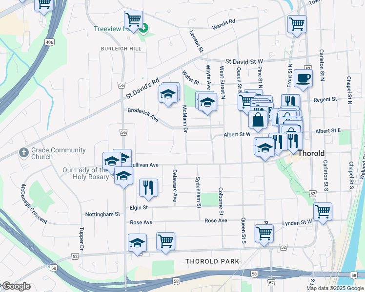 map of restaurants, bars, coffee shops, grocery stores, and more near 7 McMann Drive in Thorold