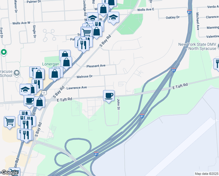 map of restaurants, bars, coffee shops, grocery stores, and more near 402 Lawrence Avenue in North Syracuse