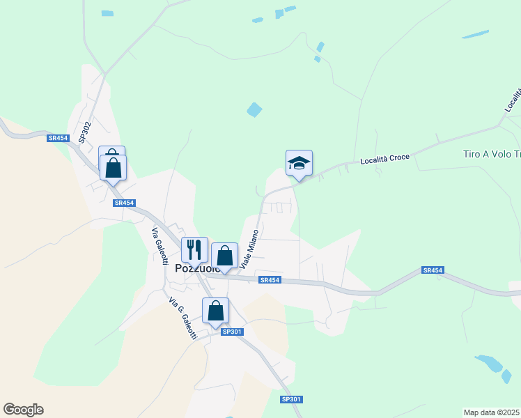 map of restaurants, bars, coffee shops, grocery stores, and more near 74 Viale Milano in Pozzuolo