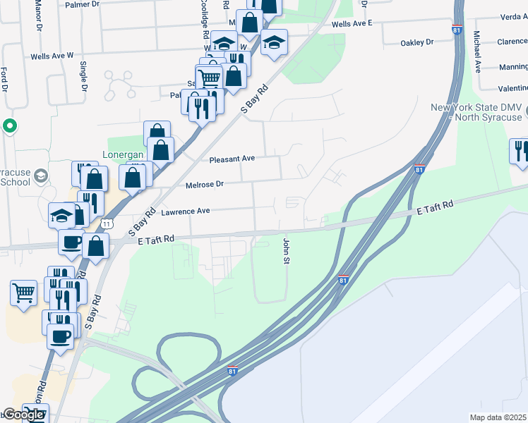 map of restaurants, bars, coffee shops, grocery stores, and more near 407 East Taft Road in North Syracuse