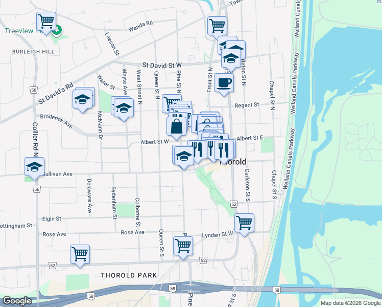 map of restaurants, bars, coffee shops, grocery stores, and more near 13 Pine Street South in Thorold