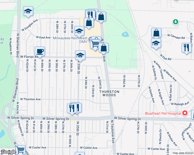 map of restaurants, bars, coffee shops, grocery stores, and more near 5826 North 32nd Street in Milwaukee
