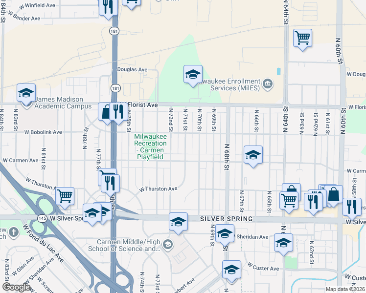 map of restaurants, bars, coffee shops, grocery stores, and more near 7124 West Carmen Avenue in Milwaukee