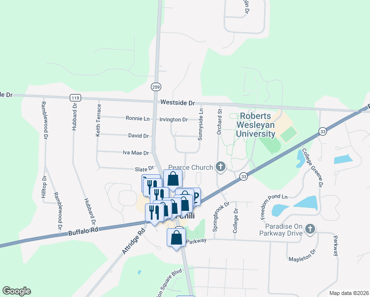 map of restaurants, bars, coffee shops, grocery stores, and more near 44 Sunnyside Lane in North Chili