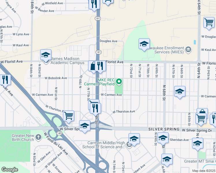 map of restaurants, bars, coffee shops, grocery stores, and more near 7508 West Carmen Avenue in Milwaukee