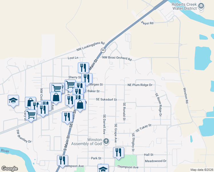 map of restaurants, bars, coffee shops, grocery stores, and more near 101 Northeast Darrell Avenue in Winston