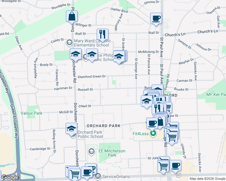 map of restaurants, bars, coffee shops, grocery stores, and more near 6598 Russell Street in Niagara Falls