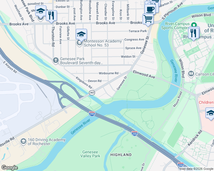 map of restaurants, bars, coffee shops, grocery stores, and more near 147 Scottsville Road in Rochester