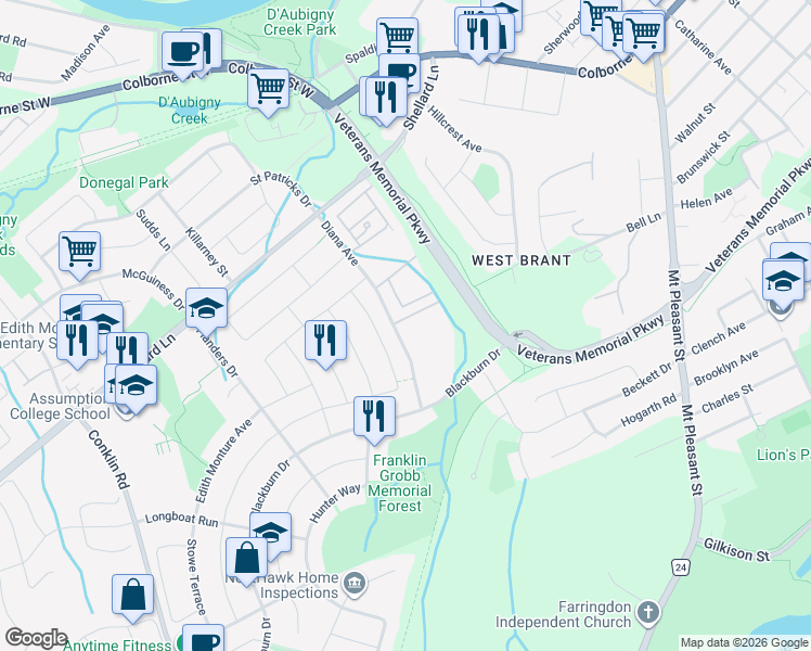map of restaurants, bars, coffee shops, grocery stores, and more near 77 Diana Avenue in Brantford
