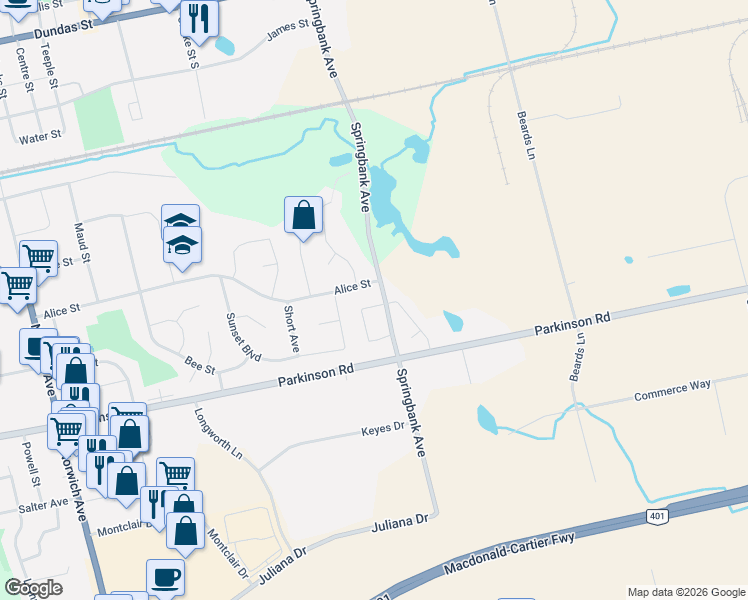 map of restaurants, bars, coffee shops, grocery stores, and more near 80 Kipling Crescent in Woodstock