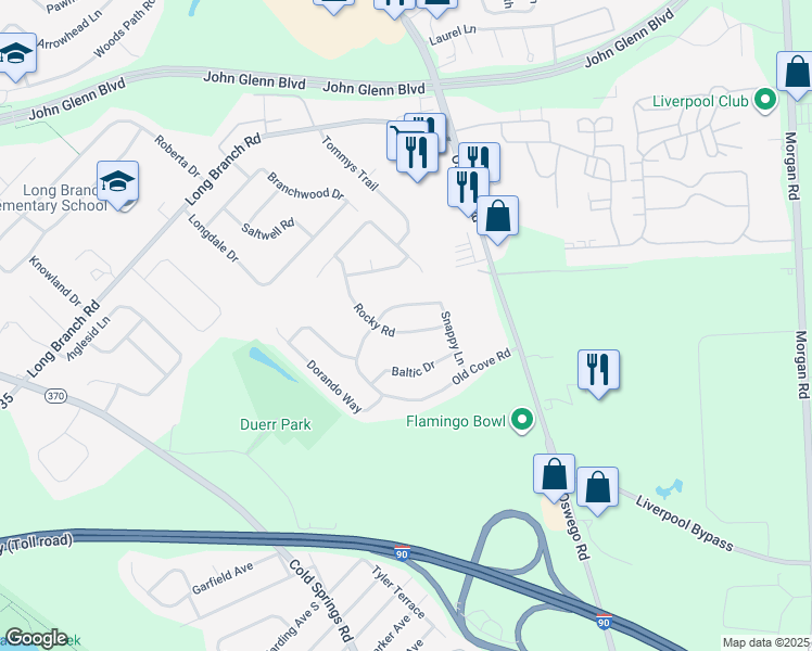 map of restaurants, bars, coffee shops, grocery stores, and more near 110 Rocky Road in Liverpool