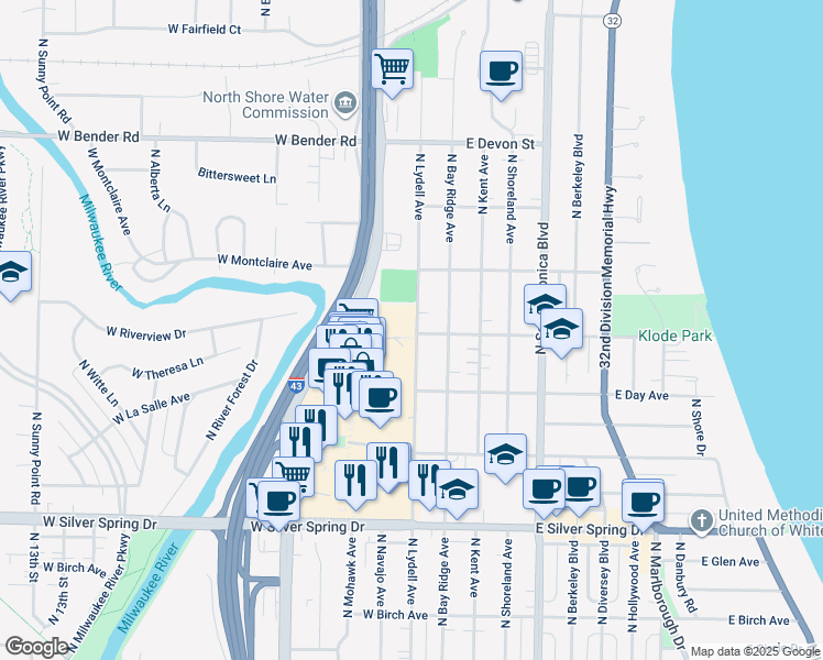 map of restaurants, bars, coffee shops, grocery stores, and more near 5905 North Lydell Avenue in Glendale