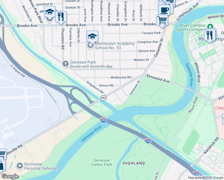 map of restaurants, bars, coffee shops, grocery stores, and more near 205 Scottsville Road in Rochester