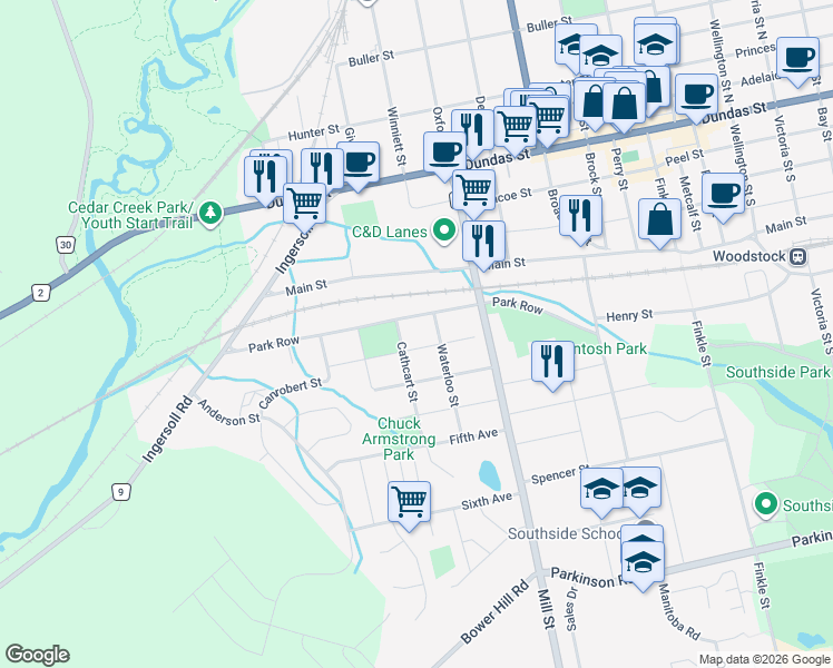 map of restaurants, bars, coffee shops, grocery stores, and more near 215 Raglan Street in Woodstock