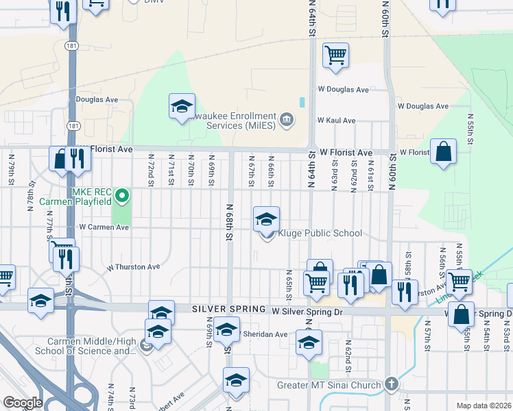 map of restaurants, bars, coffee shops, grocery stores, and more near 5846 North 67th Street in Milwaukee