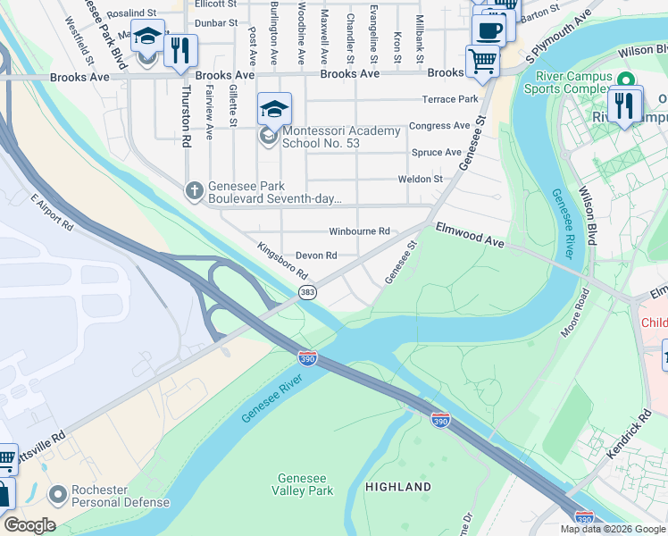 map of restaurants, bars, coffee shops, grocery stores, and more near 205 Scottsville Road in Rochester