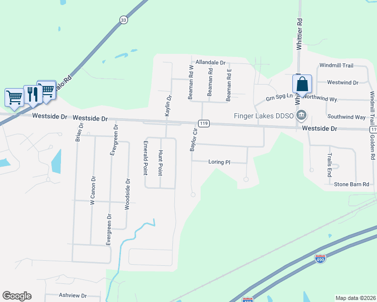 map of restaurants, bars, coffee shops, grocery stores, and more near 19 Baylor Circle in Rochester