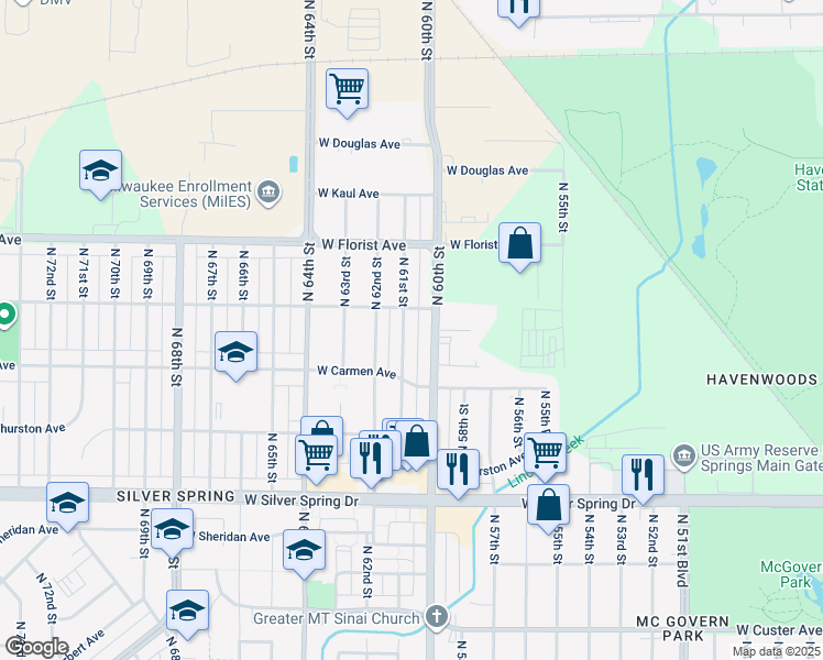 map of restaurants, bars, coffee shops, grocery stores, and more near 5822 North 61st Street in Milwaukee