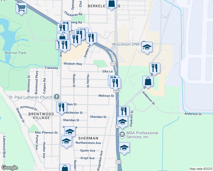 map of restaurants, bars, coffee shops, grocery stores, and more near 1950 Melrose Street in Madison