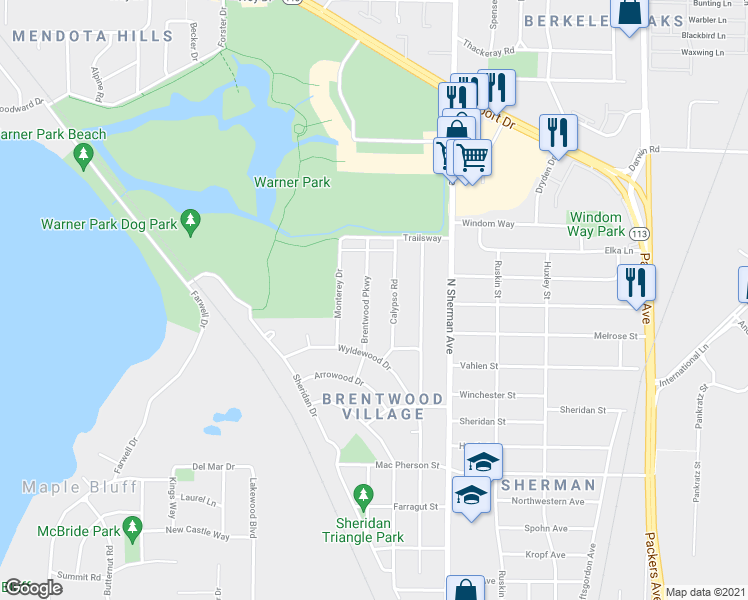 map of restaurants, bars, coffee shops, grocery stores, and more near 2301 Brentwood Parkway in Madison