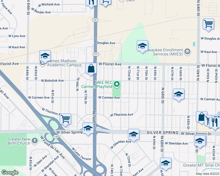 map of restaurants, bars, coffee shops, grocery stores, and more near 5843 North 74th Street in Milwaukee