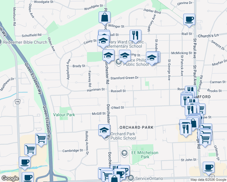 map of restaurants, bars, coffee shops, grocery stores, and more near 6855 Russell Street in Niagara Falls