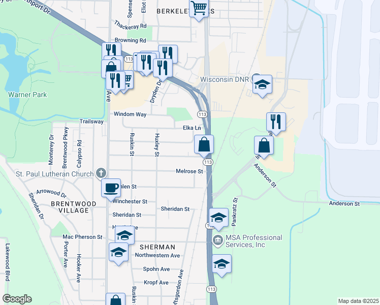 map of restaurants, bars, coffee shops, grocery stores, and more near 1950 Melrose Street in Madison