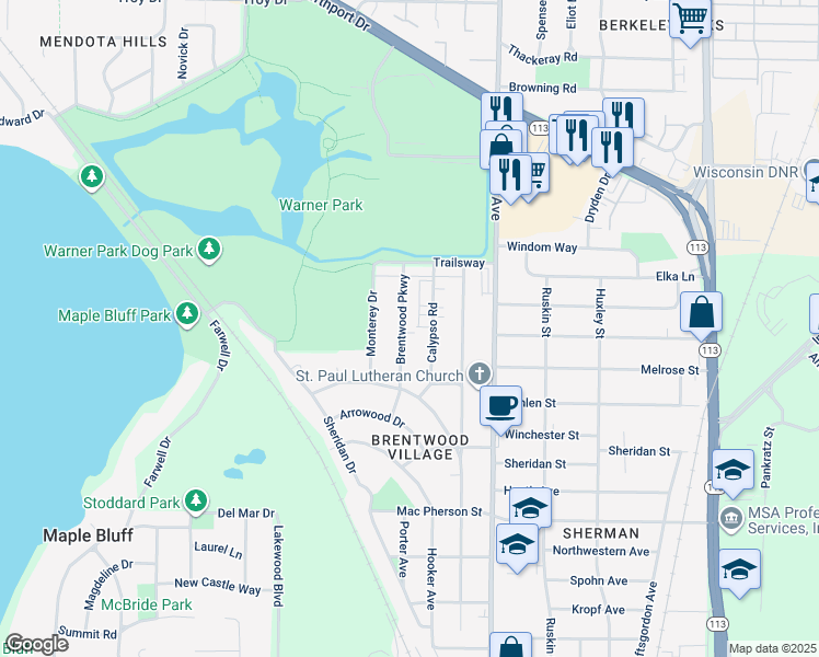 map of restaurants, bars, coffee shops, grocery stores, and more near 2313 Brentwood Parkway in Madison