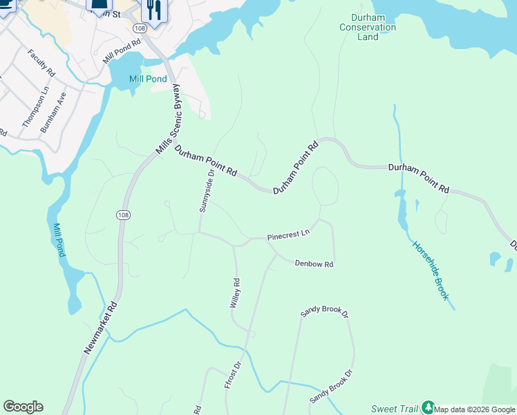 map of restaurants, bars, coffee shops, grocery stores, and more near 32 Durham Point Road in Durham