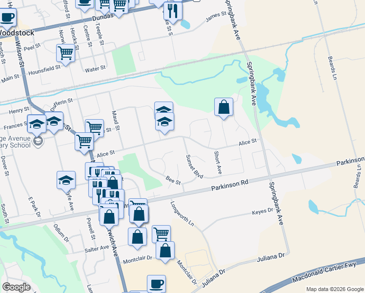 map of restaurants, bars, coffee shops, grocery stores, and more near 844 Sunset Boulevard in Woodstock