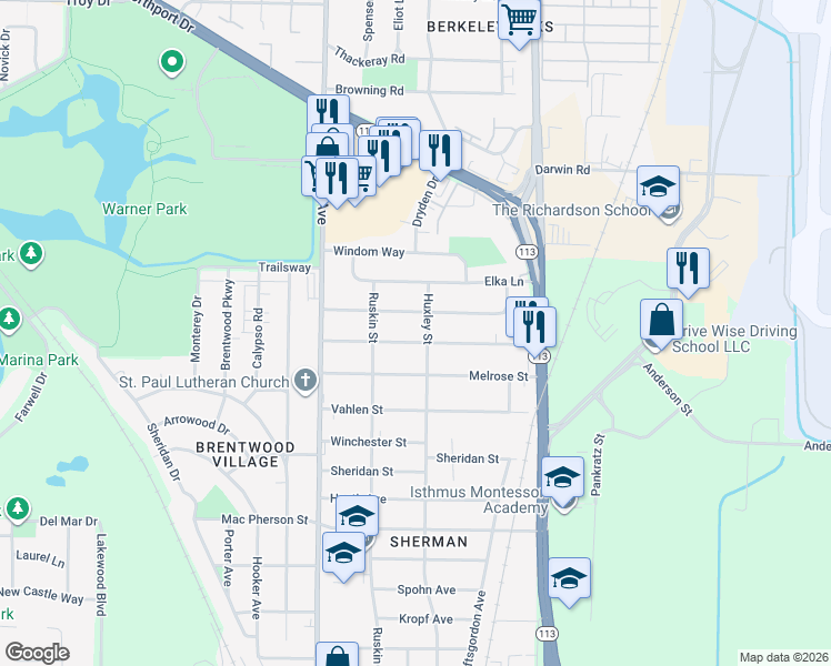 map of restaurants, bars, coffee shops, grocery stores, and more near 1902 Sachtjen Street in Madison