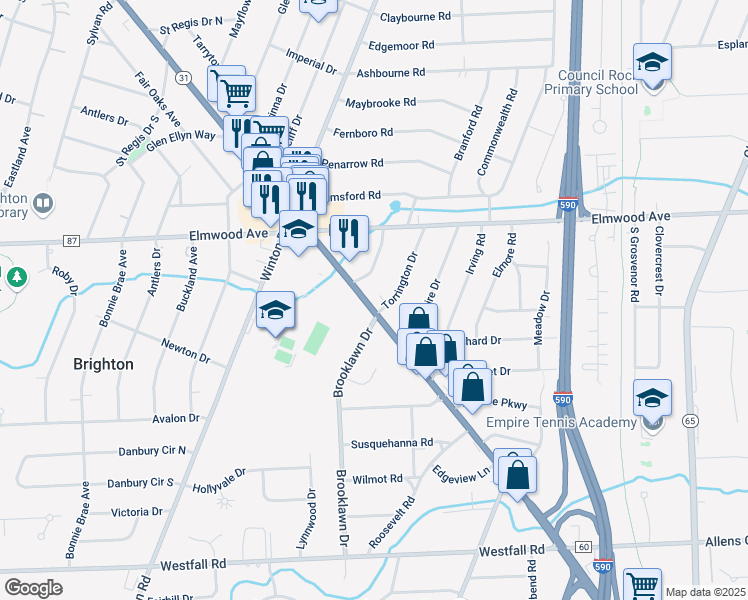 map of restaurants, bars, coffee shops, grocery stores, and more near 2040 Monroe Avenue in Rochester