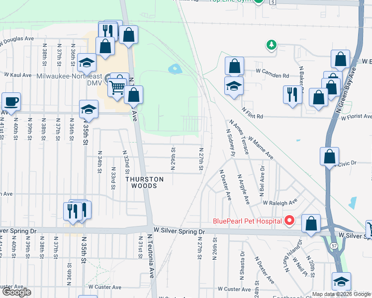 map of restaurants, bars, coffee shops, grocery stores, and more near 2830 West Bobolink Avenue in Milwaukee