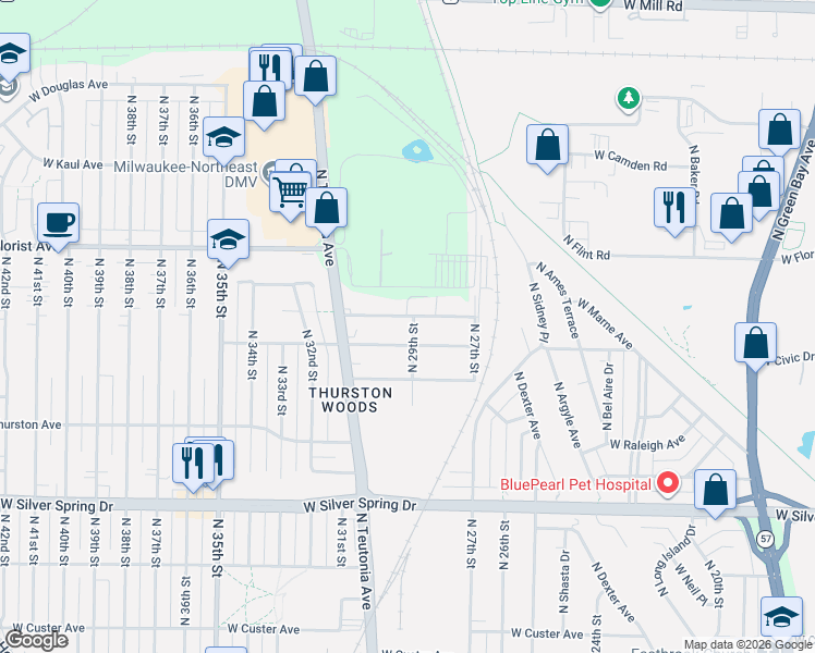 map of restaurants, bars, coffee shops, grocery stores, and more near 2926 West Bobolink Avenue in Milwaukee