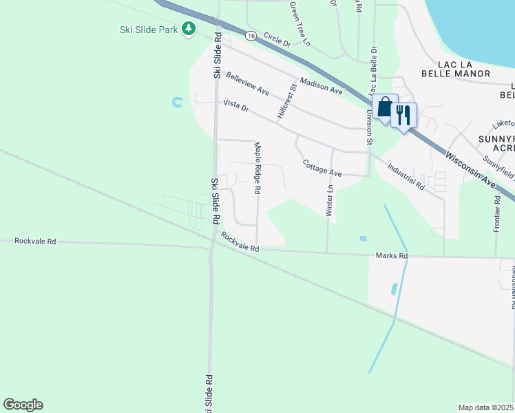 map of restaurants, bars, coffee shops, grocery stores, and more near N7775 Maple Ridge Road in Oconomowoc