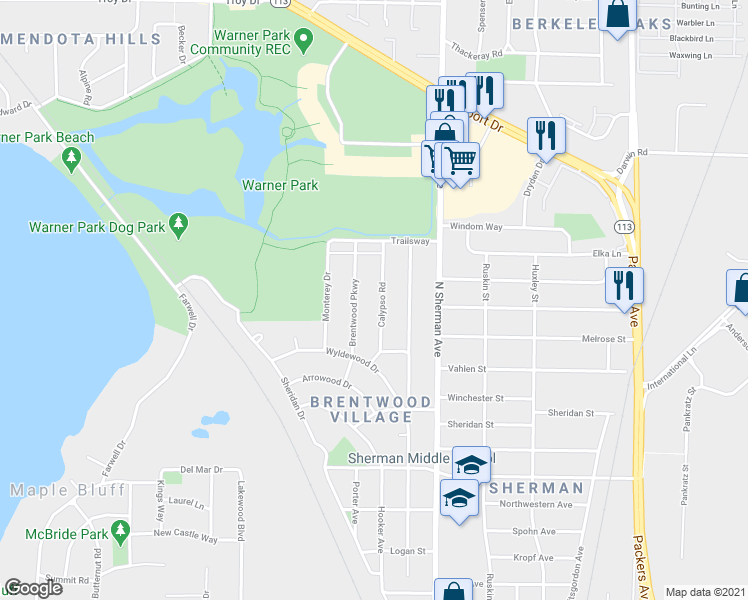 map of restaurants, bars, coffee shops, grocery stores, and more near 2411 Brentwood Parkway in Madison