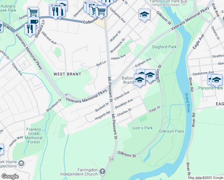 map of restaurants, bars, coffee shops, grocery stores, and more near in Brantford
