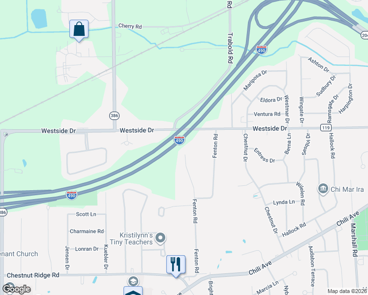 map of restaurants, bars, coffee shops, grocery stores, and more near Interstate 490 in Rochester