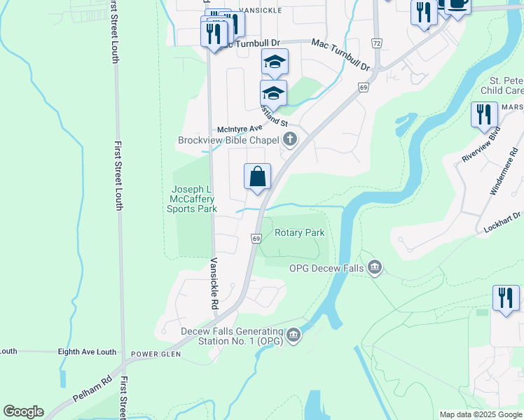 map of restaurants, bars, coffee shops, grocery stores, and more near Pelham Road in Thorold
