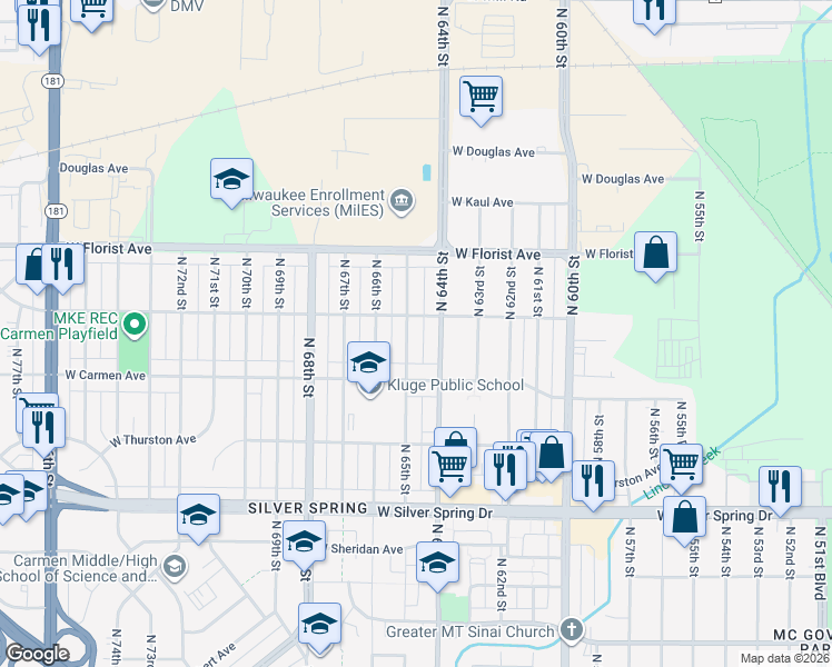 map of restaurants, bars, coffee shops, grocery stores, and more near 5901 North 64th Street in Milwaukee