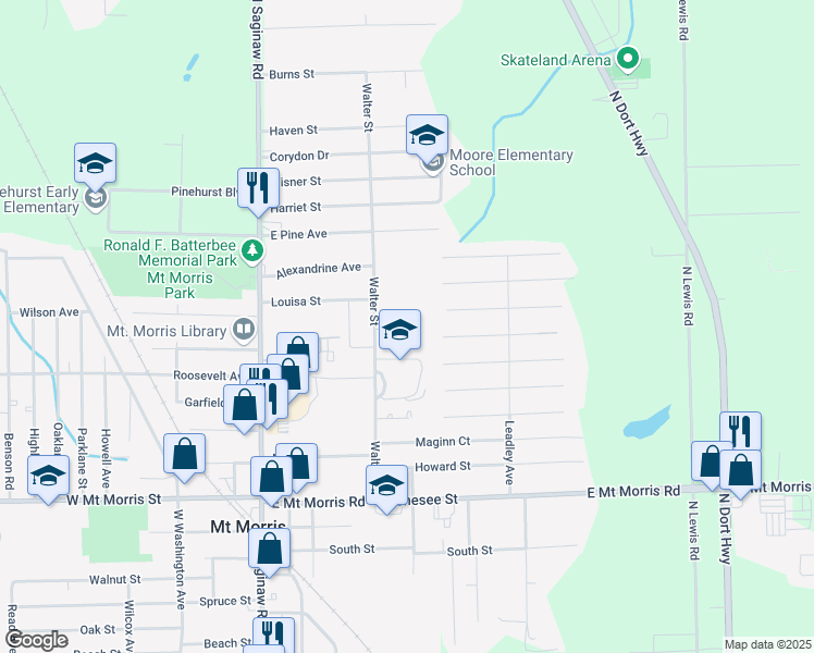 map of restaurants, bars, coffee shops, grocery stores, and more near 12356 Walter Street in Mount Morris