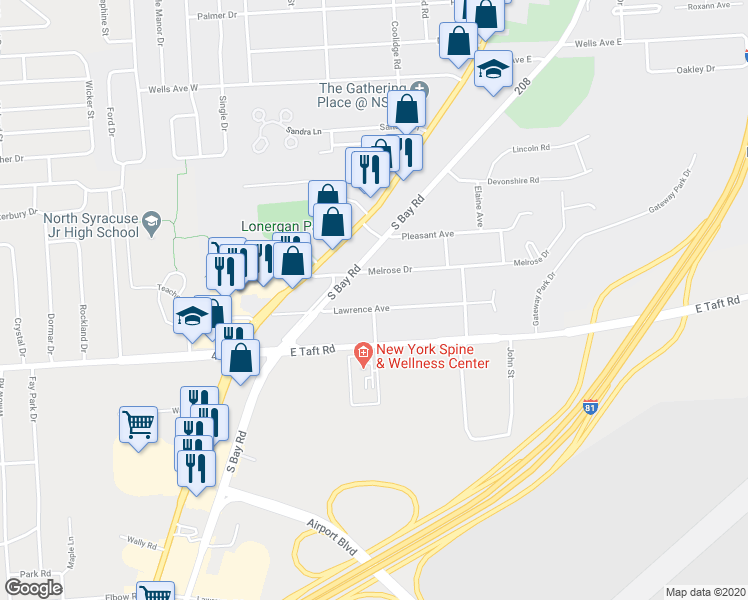 map of restaurants, bars, coffee shops, grocery stores, and more near 237 Lawrence Avenue in Syracuse