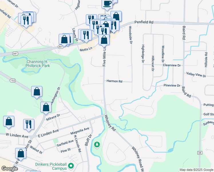 map of restaurants, bars, coffee shops, grocery stores, and more near 832 Harmon Road in Penfield