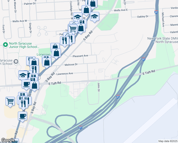 map of restaurants, bars, coffee shops, grocery stores, and more near 342 Melrose Drive in Syracuse